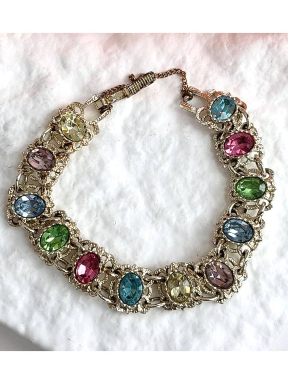 Hollycraft "Fruit Salad" Rainbow Oval Rhinestone Gold T Vintage 80's Bracelet